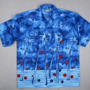 Ultimate Sport RGC Mens XL Blue Tropical Palm Tree Button Front Shirt Y2K